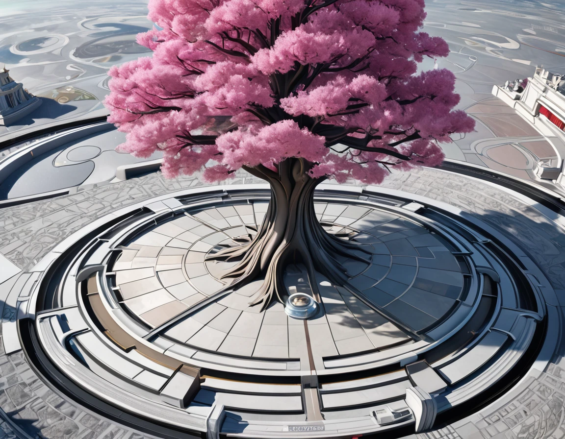 I am magic tree, peaceful, deep pink in grey color, Art Deco, Bauhaus, Hyperrealism, Pixar, rococo style, Baroque, Art Nouveau, panorama, satellite image, depth of field, award winning, highres, 4K, super detail, masterpiece, super detail, on moon surface 