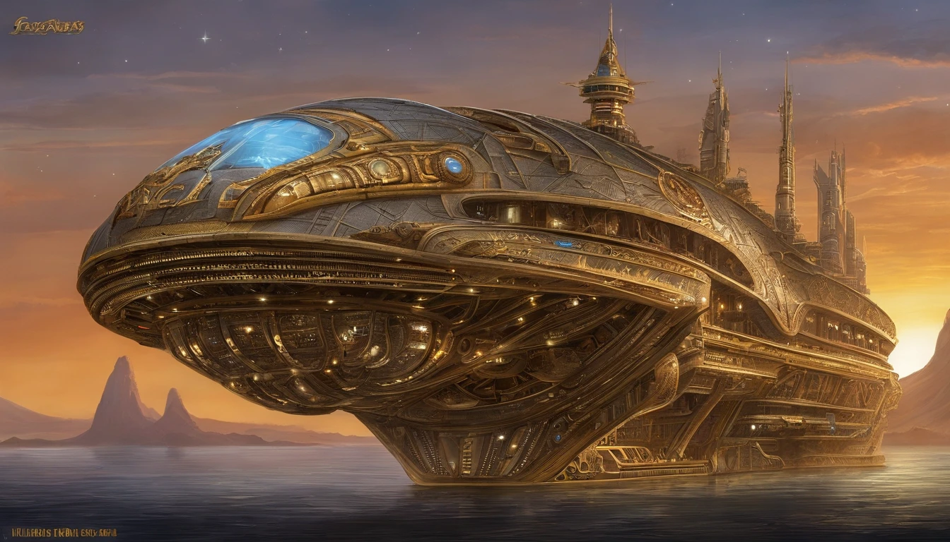 A stunningly detailed sci-fi illustration of a massive futuristic starship, in the style of Todd McFarlane, with a neon gold coloring and neon sky blue edging. The cream colored crystalline nacelles located, at the back of the ship , at a 75° angle with a 72 ft diameter emit a neon yellow light.The ship's bridge measuring 108 ft in length, 72 ft wide 36 ft high showcases an diamond shaped G'Quan Heavy Battle Cruiser (from Babylon 5)design. The middle section, resembling a cylindrical 1974 Winnebago, stretches 72' high, 288 ft long, and 144 ft wide, angled at 75° down from the main bridge. The base section is 90° down from the mid section It resembles a streamlined Freightliner. It measures a whopping 576' long, 864ft wide, & 288ft high The starship is set against a captivating Titan-Earth-esque planet with six enchanting moons, surrounded by satellites and other ships traversing the cosmos.