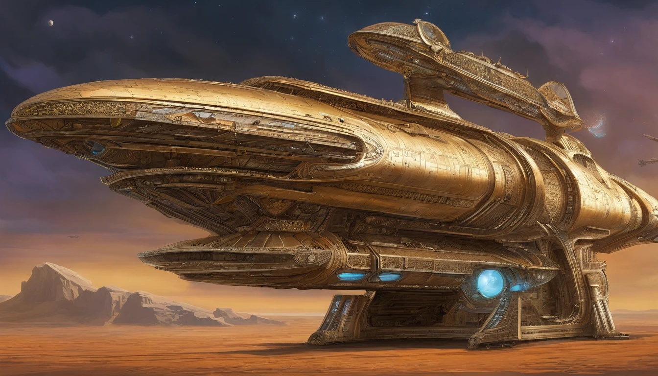 A stunningly detailed sci-fi illustration of a massive futuristic starship, in the style of Todd McFarlane, with a neon gold coloring and neon sky blue edging. The cream colored crystalline nacelles located, at the back of the ship , at a 75° angle with a 72 ft diameter emit a neon yellow light.The ship's bridge measuring 108 ft in length, 72 ft wide 36 ft high showcases an diamond shaped G'Quan Heavy Battle Cruiser (from Babylon 5)design. The middle section, resembling a cylindrical 1974 Winnebago, stretches 72' high, 288 ft long, and 144 ft wide, angled at 75° down from the main bridge. The base section is 90° down from the mid section It resembles a streamlined Freightliner. It measures a whopping 576' long, 864ft wide, & 288ft high The starship is set against a captivating an-Earth-esque planet with six enchanting moons, surrounded by satellites and other ships traversing the cosmos.