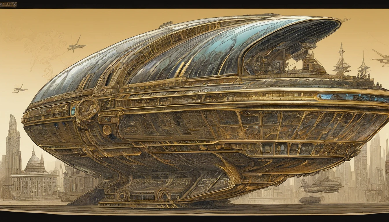 A stunningly detailed sci-fi illustration of a massive futuristic starship, in the style of Todd McFarlane, with a neon gold coloring and neon sky blue edging. The cream colored crystalline nacelles located, at the back of the ship , at a 75° angle with a 72 ft diameter emit a neon yellow light.The ship's bridge measuring 108 ft in length, 72 ft wide 36 ft high showcases an diamond shaped G'Quan Heavy Battle Cruiser (from Babylon 5)design. The middle section, resembling a cylindrical 1974 Winnebago, stretches 72' high, 288 ft long, and 144 ft wide, angled at 75° down from the main bridge. The base section is 90° down from the mid section It resembles a streamlined Freightliner. It measures a whopping 576' long, 864ft wide, & 288ft high The starship is set against a captivating Titan-Earth-esque planet with six enchanting moons, surrounded by satellites and other ships traversing the cosmos.