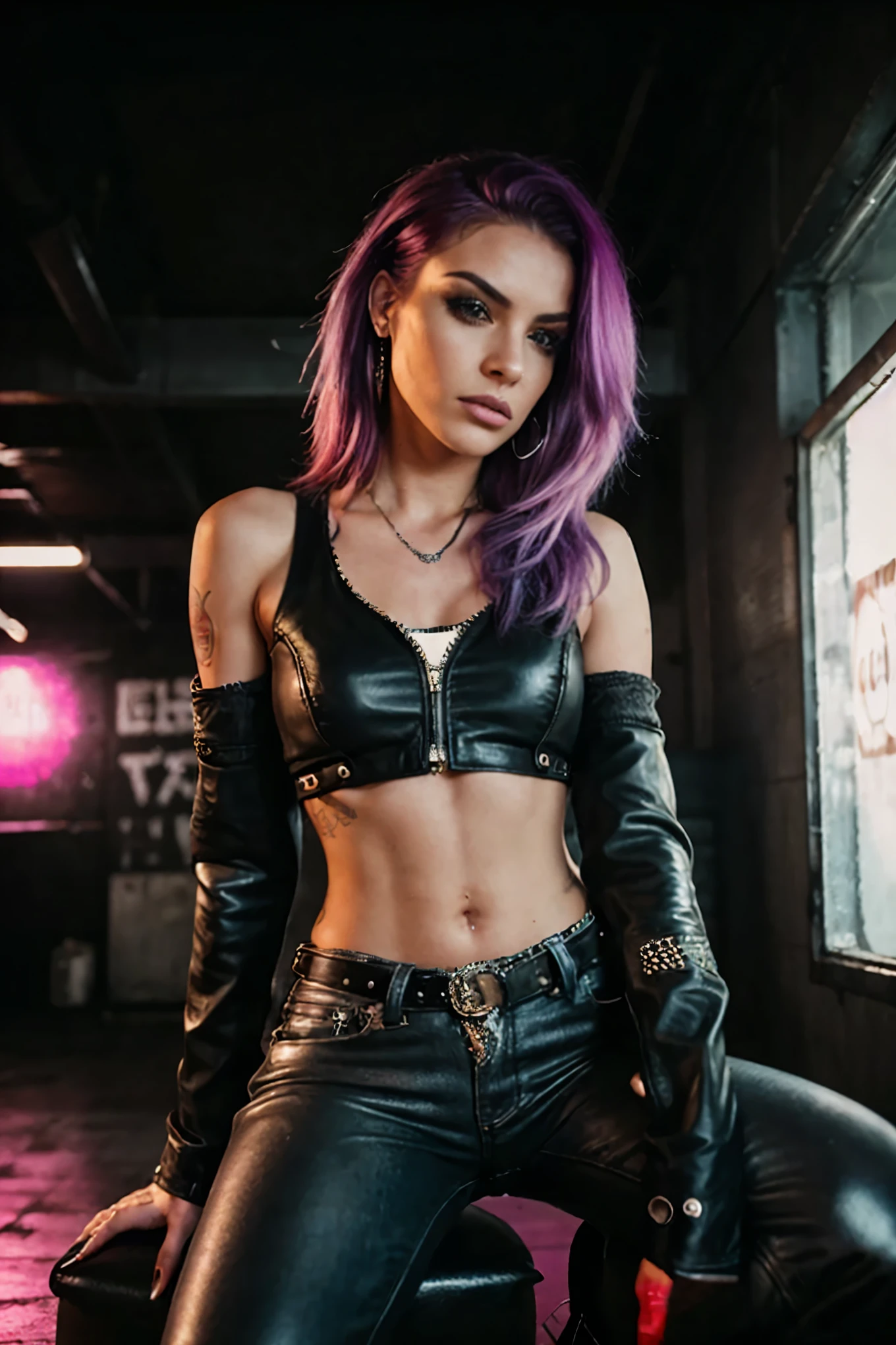 Photorealistic, ultra-detailed, Rocker woman, portrait photo, Solo, rebellious attitude, sitting on a motorcycle seat, dimly lit underground garage scene, grunge aesthetic, edgy atmosphere, black leather motorcycle jacket, silver studs, multiple piercings, smoky eye makeup, fiery purple and pink hair, 25 years old, badass, showcasing arm tattoos, light flickers from a single neon light, urban grunge, analogue style, film grain, Best contrast, primitive, Instagram LUT, 4k, striking pose, shot on Nikon, 50mm, deep depth of field, Kodak Royal Gold color, mus