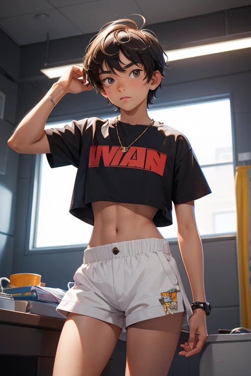 , teen boy wears a crop and too much short shorts,