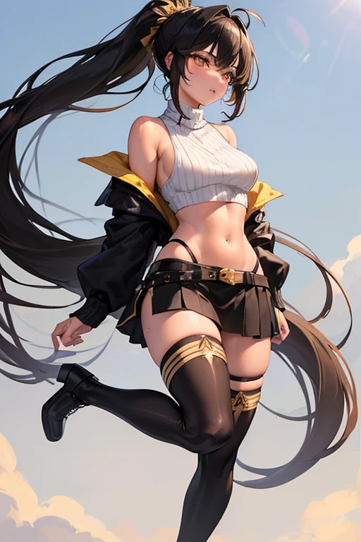 (Dutch Angle), (multicolor black hair and gold stripe wild long hair with volume and high messy ponytail), (black hair: 1.3), (gold hair: 1.2), (black shoulder less sweater: 1.5), (black thigh high stockings: 1.3), (light brown leather boots), (yellow long skirt: 1.3), (divine), (voluptuous), (goddess), (midriff, navel), (athletic body), (slim thighs), (thin waist), (perfect hip), (broad shoulders), (soft saggy supple breasts), (((golden eyes, constricted irises, shrunken pupil, cross eyed, wide open eyes, large eyes))), (masterpiece), (sweaty), (highly detailed), (full body view), (((tanned skin))), (solo female) , Profile Stand, Crossed Arms , Standing airport runway , stand in front of fighter jet , Medium Shot ,from below,smile , ,fighter jet or airplane or aircraft,