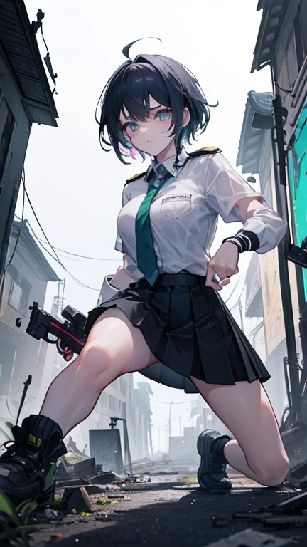 Under the pale light of the full moon, a young woman moves stealthily through the deserted streets of a ruined city. Vestindo um uniforme militar verde-oliva, agora sujo e rasgado, his face is marked by a deep cut on his right cheek.
His left arm is bandaged with a piece of his own shirt., improvisado para conter o sangramento de um ferimento grave. In one hand, ela segura firmemente uma faca ensanguentada; na outra, a pistol is ready to be used.
Burnt cars and rubble form a chaotic maze around you. Seus olhos atentos varrem o ambiente, determinada a sobreviver. Every step is carefully calculated, as she advances in the darkness, prepared to face any threat that appears.