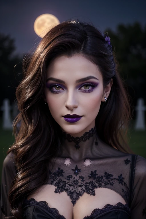 Jeune femme de 25 ans, visage fin, cheveux long, yeux marrons, HD, 8K, masterpiece, sourire romantique, sexy, mascara noir, maquillage noir, black lips, tenue gothique, vêtements noirs et violets, toile d'araignée en dentelle, cheveux noirs et violets, in a cemetery, bodypainting, purple paint, dracula, moon light