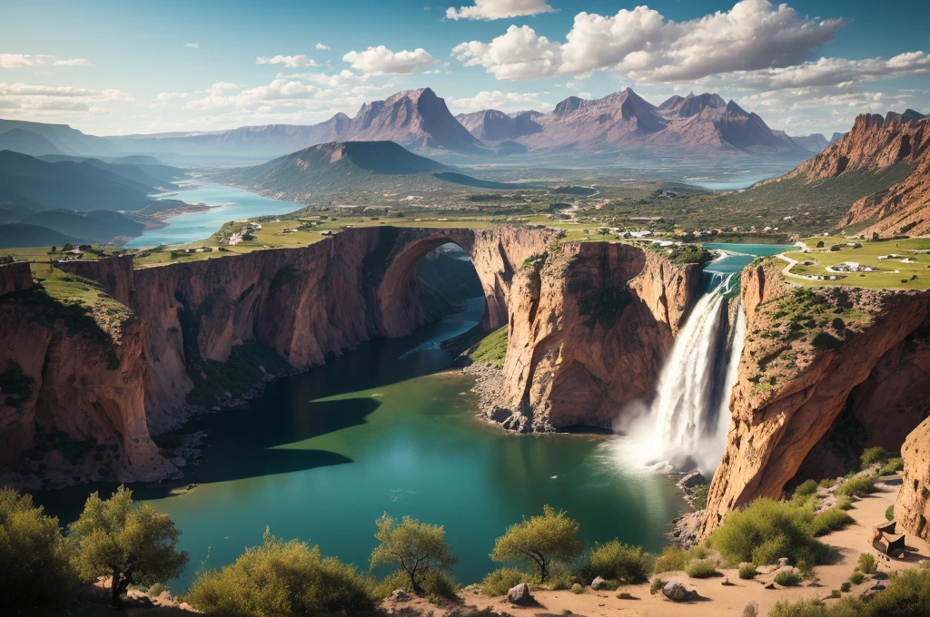 An auberge sits gracefully at the edge of a magnificent cliff, overlooking a breathtaking view of a mountain range and cascading waterfalls. The surroundings portray a sense of borderlands and untamed lands, evoking a heroic fantasy setting. The panoramic view captures the vastness and grandeur of the landscape, immersing the viewer in a world of awe and wonder.