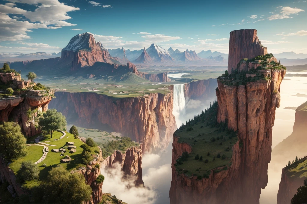 An auberge sits gracefully at the edge of a magnificent cliff, overlooking a breathtaking view of a mountain range and cascading waterfalls. The surroundings portray a sense of borderlands and untamed lands, evoking a heroic fantasy setting. The panoramic view captures the vastness and grandeur of the landscape, immersing the viewer in a world of awe and wonder.