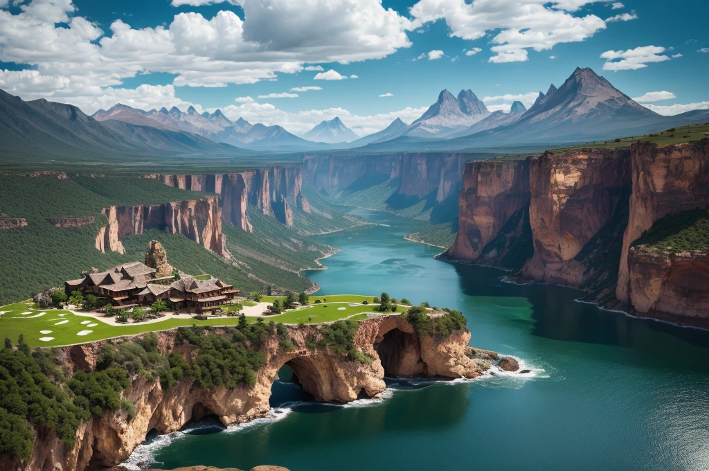 An auberge sits gracefully at the edge of a magnificent cliff, overlooking a breathtaking view of a mountain range and cascading waterfalls. The surroundings portray a sense of borderlands and untamed lands, evoking a heroic fantasy setting. The panoramic view captures the vastness and grandeur of the landscape, immersing the viewer in a world of awe and wonder.