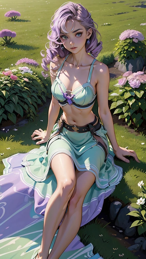 (masterpiece), (best quality), (detailed), light layer, 1solo girl, young girl, perfect body, purple hair in curls, defined large chest, small waist,defined collarbone, ultra realistic, photorealistic, detailed, ,Enhance, wearing a light green sundress, garden background, dusk skies, sitting on the grass