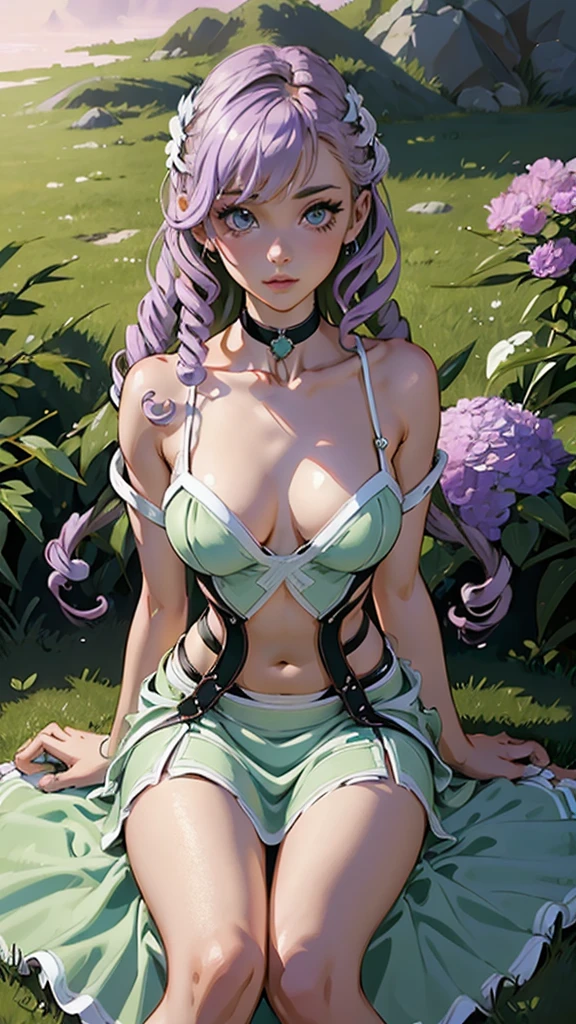 (masterpiece), (best quality), (detailed), light layer, 1solo girl, young girl, perfect body, purple hair in curls, defined large chest, small waist,defined collarbone, ultra realistic, photorealistic, detailed, ,Enhance, wearing a light green sundress, garden background, dusk skies, sitting on the grass