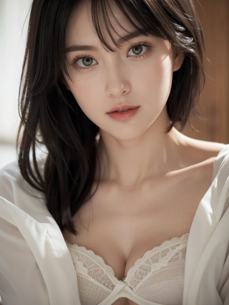 Woman lying in bed、Kaori Maejima、Blonde、Green Eyes、short hair、(Big Breasts:1.2)、good、White bra、White Micro Bikini Pants、、Indoor break、office、Breaking the crowd(masterpiece:1.2)、highest quality、High resolution、Unified 8k wallpaper、(shape:0.8)、(Fine and beautiful eyes:1.6)、Highly detailed face、Perfect lighting、Highly detailed CG、(Perfect hands、Perfect Anatomy)