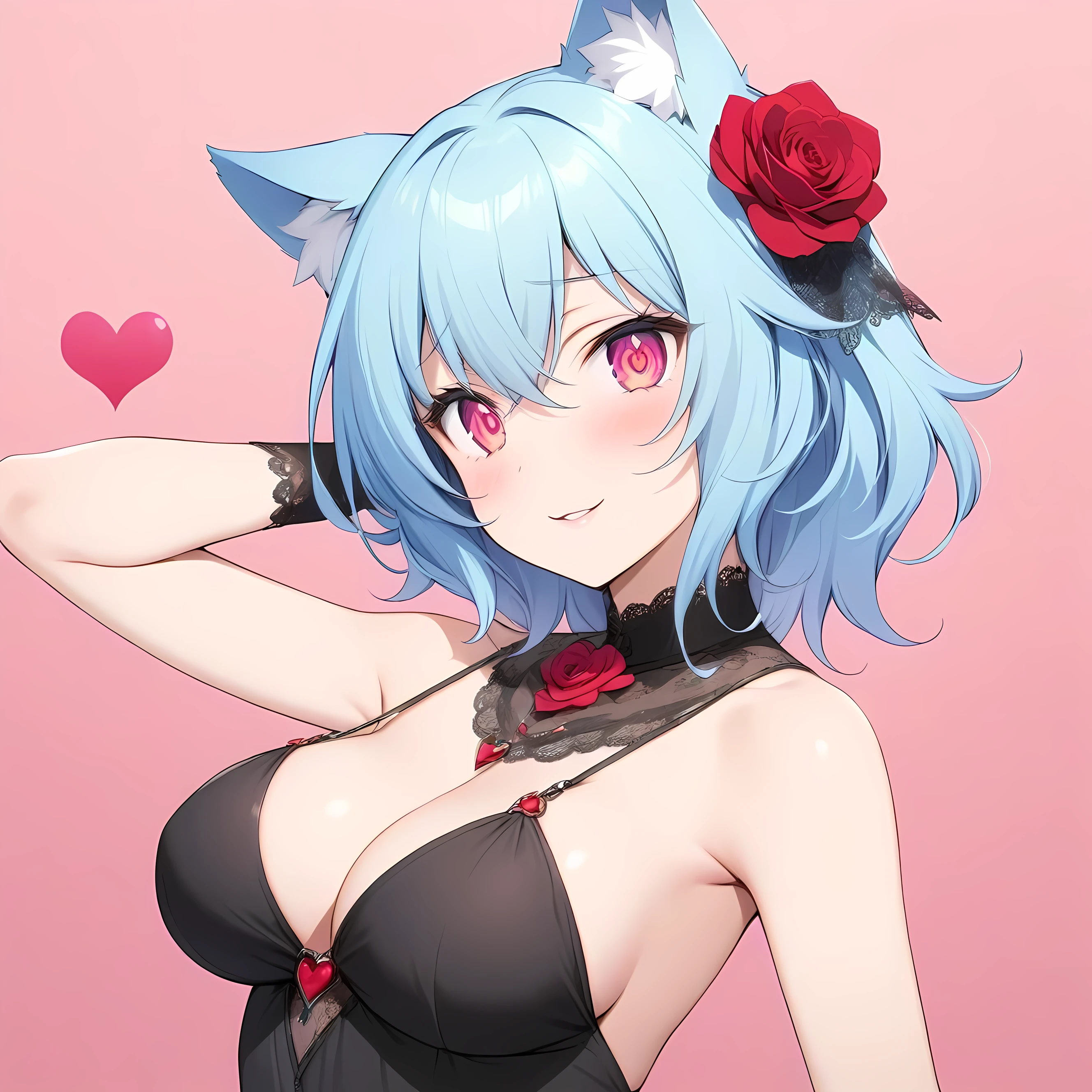 absurdres, wolf ears,wolf eyes,1 girl, adult ,milf,over 20 years old,with ice blue hair and red eyes with pink hearts in eyes, official art,pink background, red hearts in background , half body, seductive smile, wearing a black gown,blue rose in head as ornamental, heart in eyes, only 1 girl,no wolfs,yandere expressing.