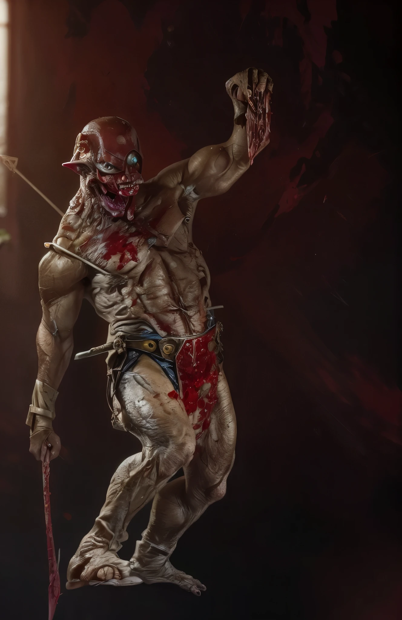 whole body、Please raise your arms high、always Bloodstained、Bloodstained、Bloodstained、Best image quality、masterpiece、8k、odd number、strongest、Brutal、monster、killer ghost、Wrestler、Large build、Face of Fear、octopus怪人、octopus、Tentacles、suction cup、8k,1 red skinned goblin,Highly detailed fantasy characters、Humanoid organisms、creature concept art、concept creature character art、超リアルなファンタジーmonster,Surreal,Real Skin,Realistic texture,