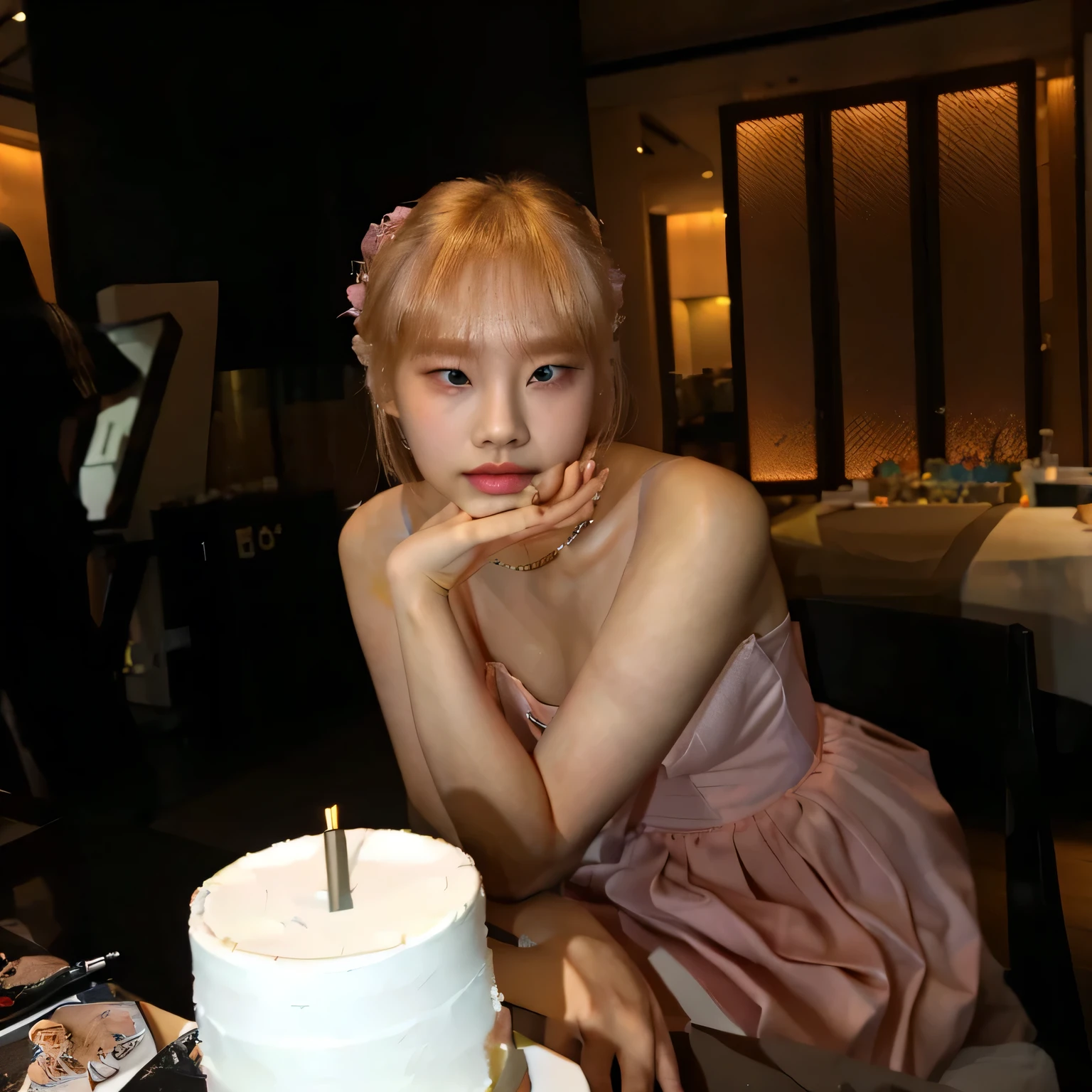 blond woman in a pink dress sitting at a table with a cake, roseanne park of blackpink, jossi of blackpink, lalisa manoban of blackpink, sha xi, portrait of jossi of blackpink, heonhwa choe, jia, xintong chen, jinyoung shin, gorgeous young korean woman, lalisa manobal, gemma chen, lee ji-eun