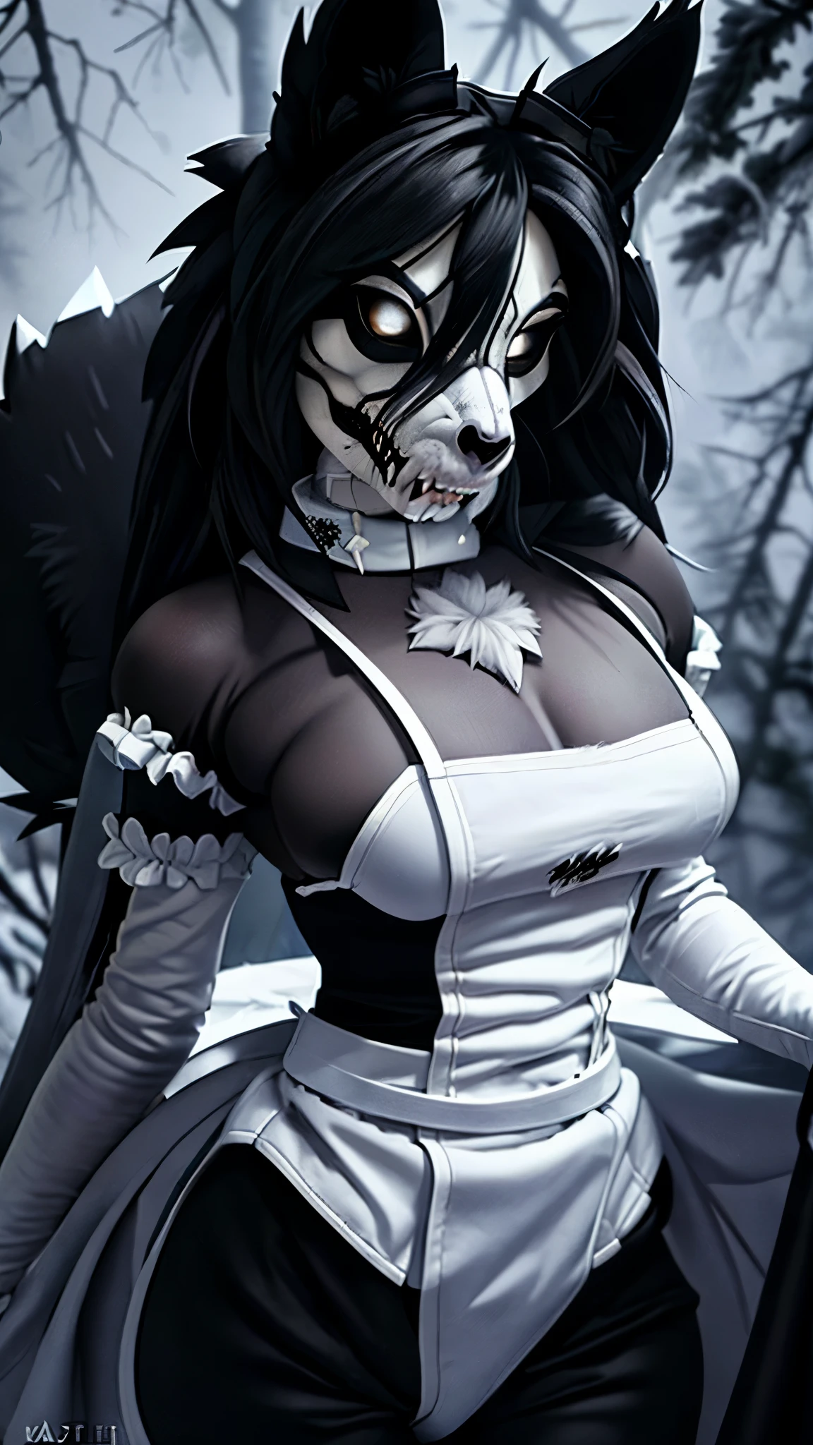 (slit pupils, white eyes, black sclera), digitigrade, (collar), masterpiece, best quality, detailed realistic fur, (maid dress, maid), fancy pants, (background is a snowy forest), detailed background, (low angle shot), detailed face, detailed eyes, detailed fluffy fur, fluffy tail, clothed, damaged clothing, bloody