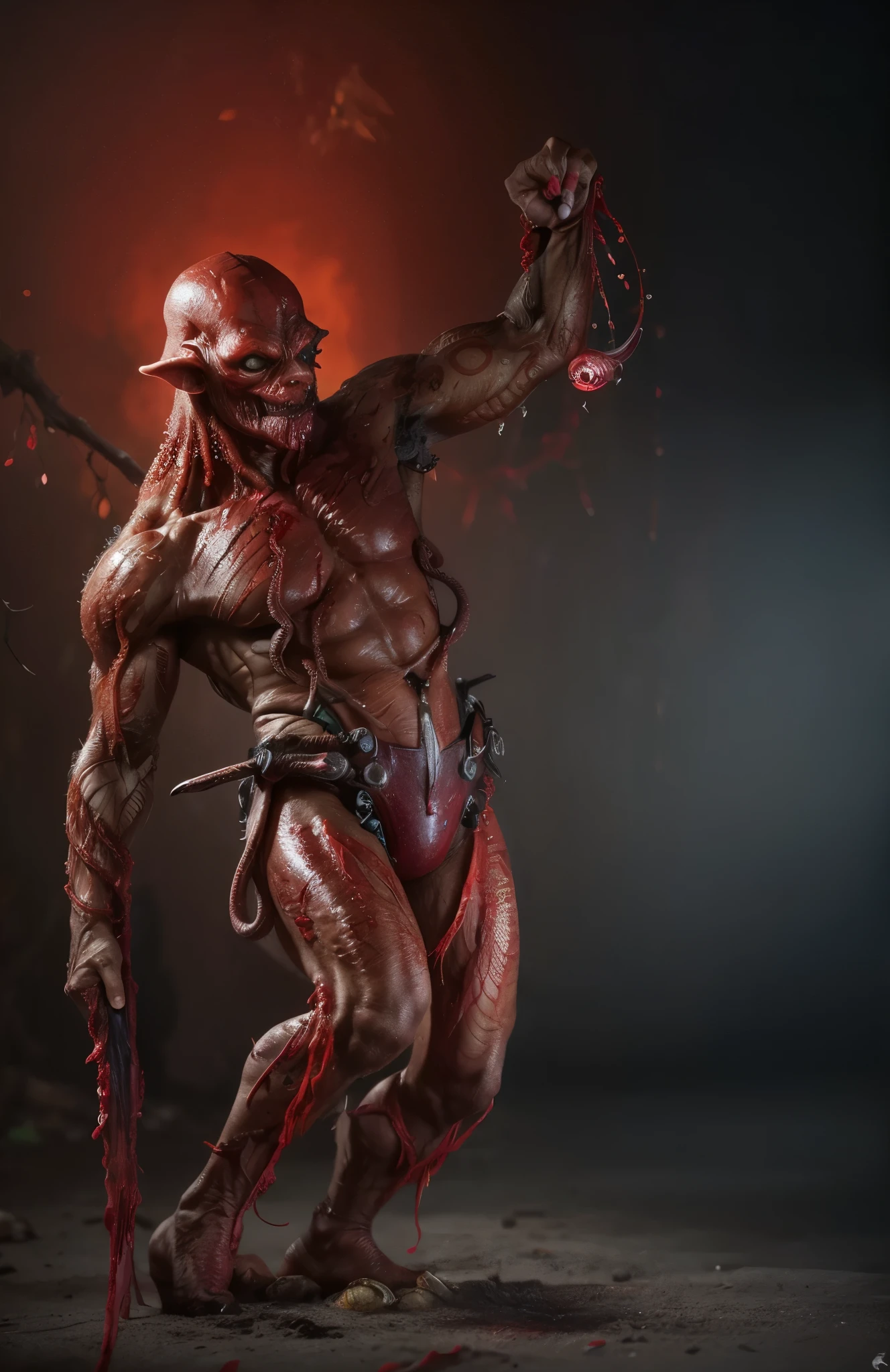 whole body、Please raise your arms high、always Bloodstained、Bloodstained、Bloodstained、Best image quality、masterpiece、8k、odd number、strongest、Brutal、monster、killer ghost、Wrestler、Large build、Face of Fear、octopus怪人、octopus、Tentacles、suction cup、8k,1 red skinned goblin,Highly detailed fantasy characters、Humanoid organisms、creature concept art、concept creature character art、超リアルなファンタジーmonster,Surreal,Real Skin,Realistic texture,