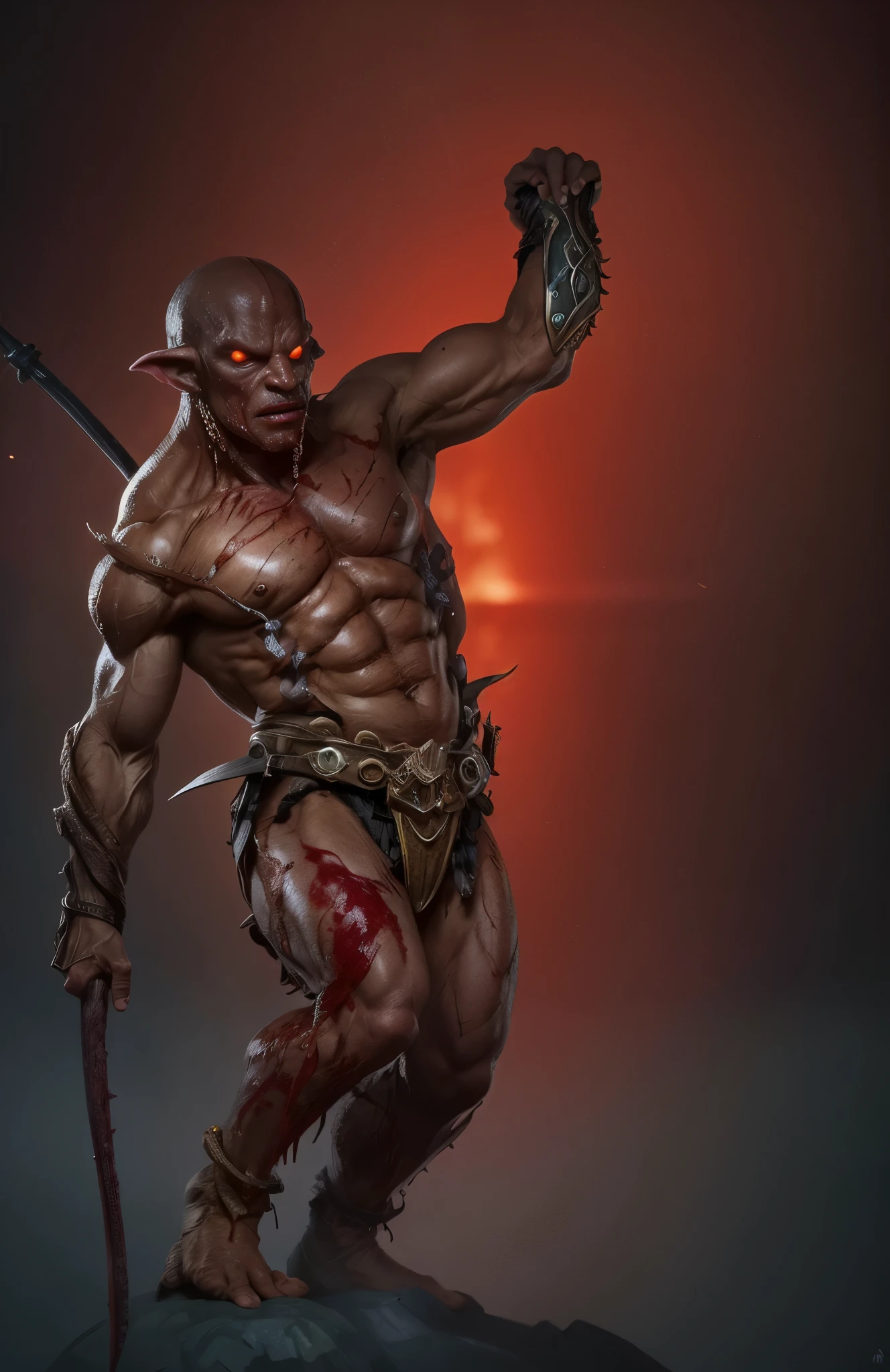 whole body、Please raise your arms high、always Bloodstained、Bloodstained、Bloodstained、Best image quality、masterpiece、8k、odd number、strongest、Brutal、monster、killer ghost、Wrestler、Large build、Face of Fear、octopus怪人、octopus、Tentacles、suction cup、8k,1 red skinned goblin,Highly detailed fantasy characters、Humanoid organisms、creature concept art、concept creature character art、超リアルなファンタジーmonster,Surreal,Real Skin,Realistic texture,