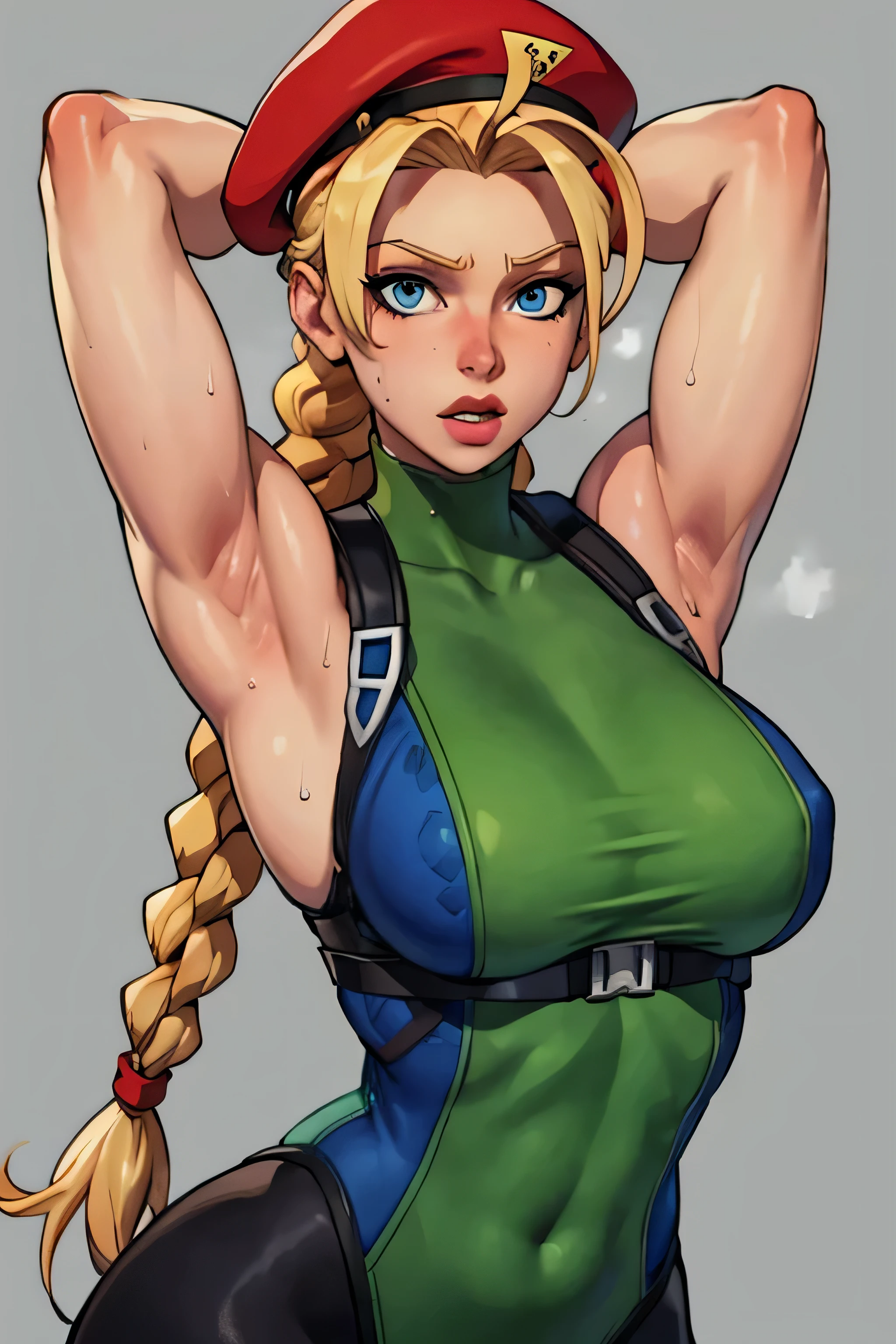 masterpiece,best quality,extreme detail,8k,cammyfn, 1girl, solo, long hair, breasts, blue eyes, blonde hair, large breasts, gloves, hat, upper body, braid, ahoge, twin braids, leotard, lips, makeup, beret, scar, antenna hair, nose, harness, huge ahoge, green leotard,sleeveless,arms behind head,armpit,armpits,sweaty,sweat,arms behind head,exhausted,sleeveless,cross eyed,sweaty armpits