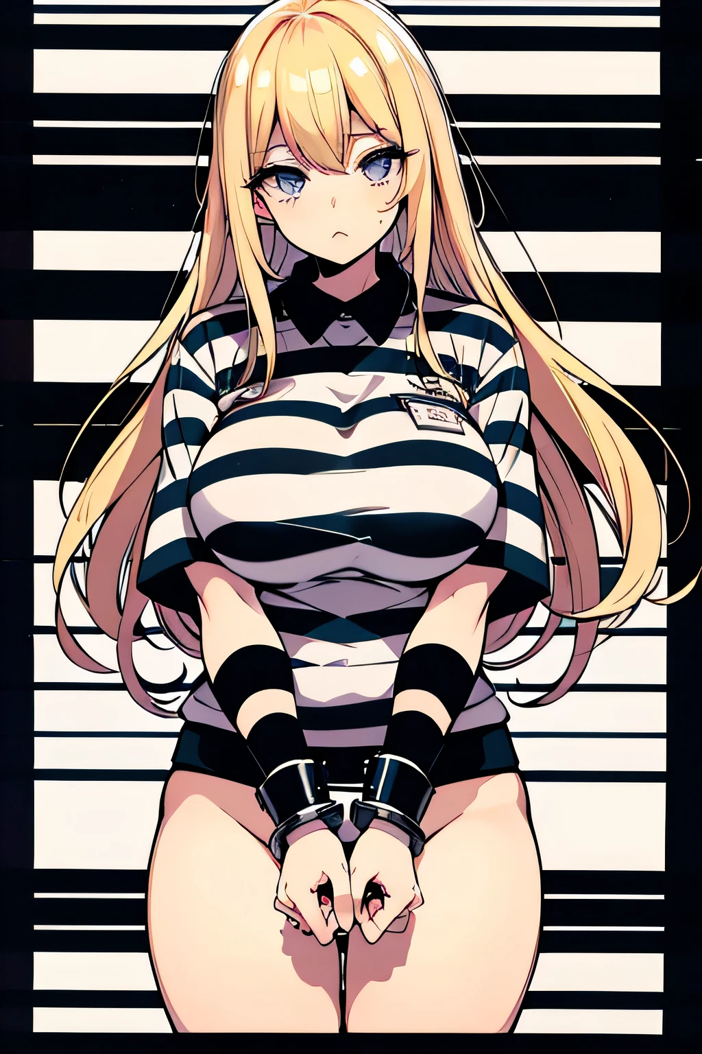 Long blonde hair, handcuffed, arrested, mature female, milf, big breasts ,40 years old, pon prison uniform, prisoner, black and white stripe prison uniform, waifu material, mature