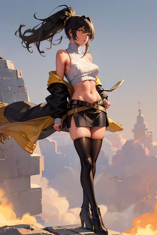 (Dutch Angle), (multicolor black hair and gold stripe wild long hair with volume and high messy ponytail), (black hair: 1.3), (gold hair: 1.2), (black shoulder less sweater: 1.5), (black thigh high stockings: 1.3), (light brown leather boots), (yellow long skirt: 1.3), (divine), (voluptuous), (goddess), (midriff, navel), (athletic body), (slim thighs), (thin waist), (perfect hip), (broad shoulders), (soft saggy supple breasts), (((golden eyes, constricted irises, shrunken pupil, cross eyed, wide open eyes, large eyes))), (masterpiece), (sweaty), (highly detailed), (full body view), (((tanned skin))), (solo female) , Profile Stand, Crossed Arms , Standing airport runway , stand in front of fighter jet , Medium Shot ,from below,smile , ,fighter jet or airplane or aircraft,