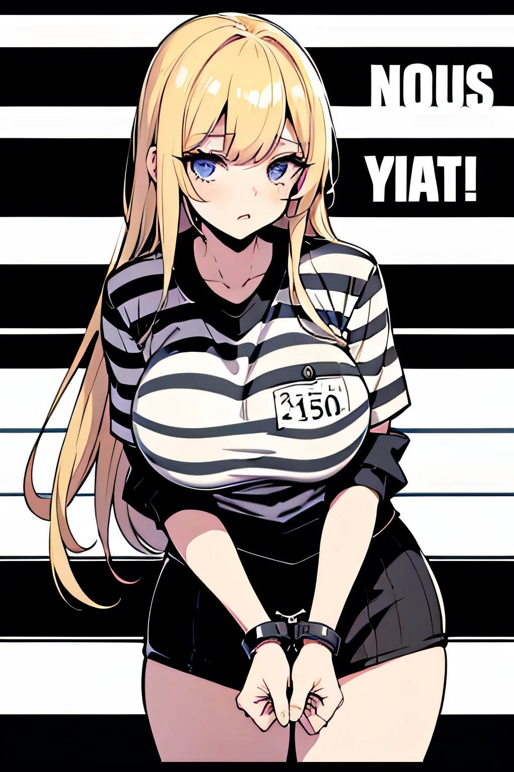 Long blonde hair, handcuffed, arrested, mature female, milf, big breasts ,40 years old, pon prison uniform, prisoner, black and white stripe prison uniform, waifu material, mature