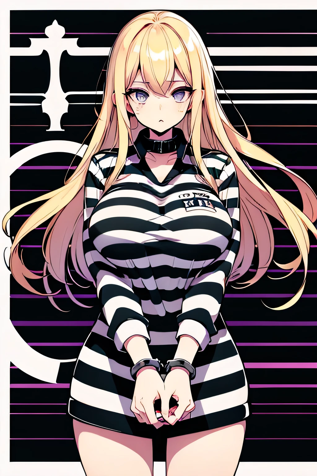 Long blonde hair, handcuffed, arrested, mature female, milf, big breasts ,40 years old, pon prison uniform, prisoner, black and white stripe prison uniform, waifu material, mature