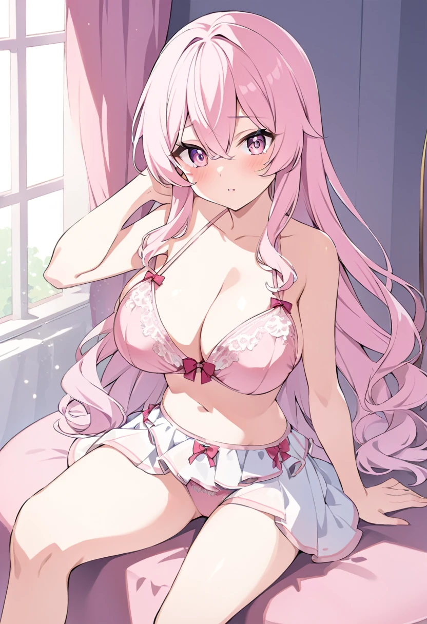 Rosa, 18 years old, long light pink hair, pink eyes, big breasts, wearing pink lingerie, sitting on the prince's bed in the dark while the prince tells her she can stay in the palace for a few days, she is my childhood friend, please, my love..hentai