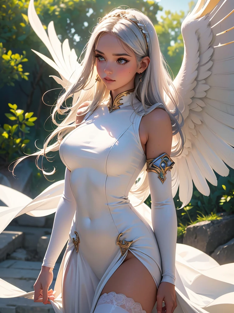 (best quality,8k:1.2,high resolution:1.2),epic cinematic image,glorious appearance,ultra-detalhado,Realistic,vintage godess angel female,rosto extremamente detalhados,long eyelashes,big angel wings,soft white dress,suntan tights,metalic accessories,Physically-based rendering,sharp focus,natural lighting