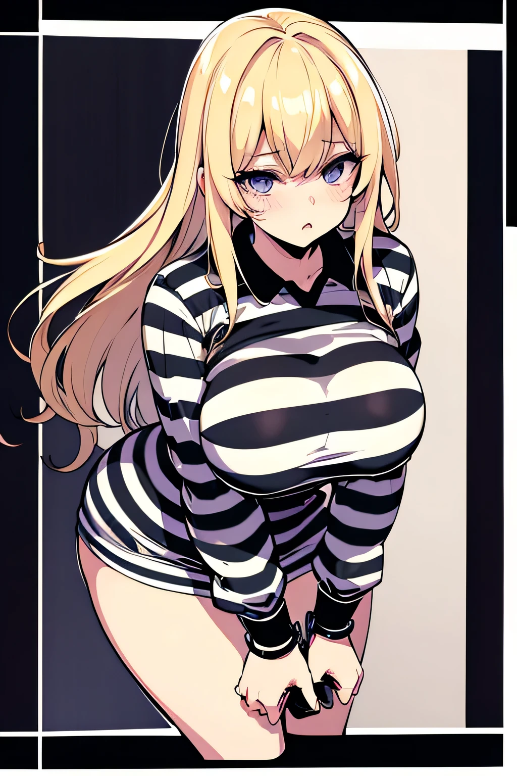 Long blonde hair, handcuffed, arrested, mature female, milf, big breasts ,40 years old, pon prison uniform, prisoner, black and white stripe prison uniform, waifu material, mature