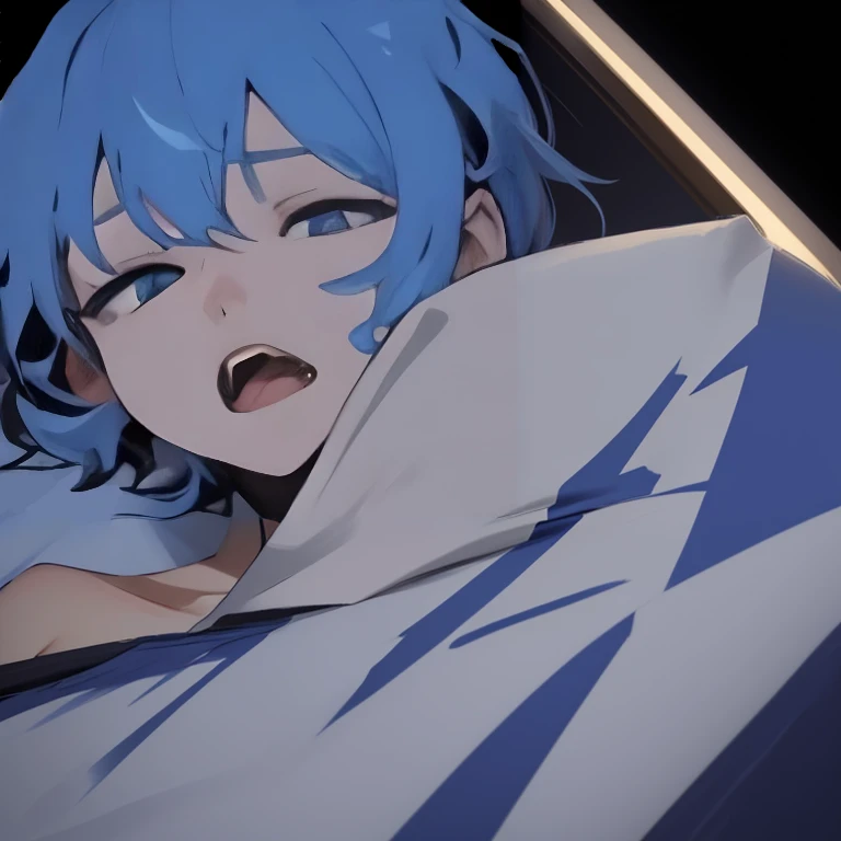 Chico anime con cabello azul y ojos azules acostada en la cama., I will deny the matter, anime moe art style, ayanami, sad cerulean eyes, anime 2d style, anime 2d, sleepy expression, tsuai, mujer de pelo corto azul, 8K!, Also, tired expression, Rei Ayanami, pintado en estudio de pintor anime, mejor valorados en pixiv