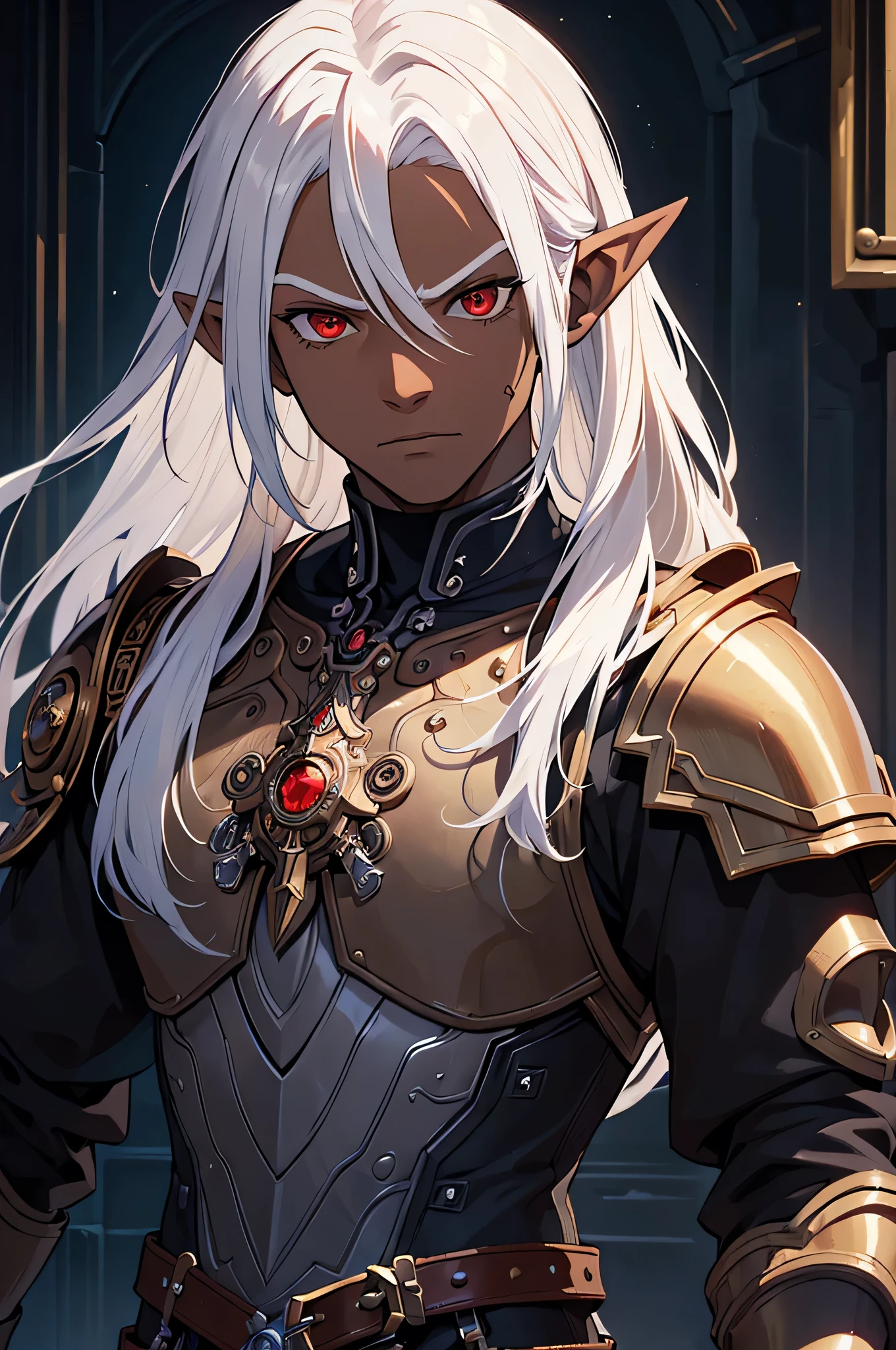 ((best quality)), ((masterpiece)), (detailed), ((boy)), (steampunk), human, upper body, portrait, red eyes, long white hair, Xemnas from Kingdom Hearts, half-drow, dark skinned, mechanical armor, (paladin), chest plate, pointy ears, (serious)