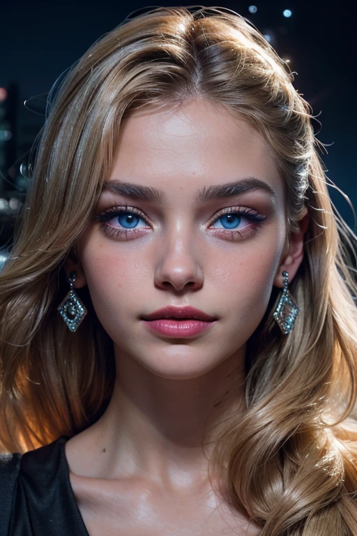 A hyper-realistic photograph of the face of a beautiful 18-year-old Ukrainian girl, taken at night with a professional camera. She has long, straight blonde hair, blue eyes, and thin eyebrows. She is smiling and looking at the camera. She wears a diamond earring in her right ear and red lipstick on her lips. She has clear, luminous skin, with delicate makeup on her eyes and cheeks. The photograph has neo magenta and cyan lighting, which creates a dramatic and futuristic effect. The background is dark and blurred. UHD, masterpiece, textured skin, super detail, high details, high quality, award winning, best quality, highres, HD, 4K