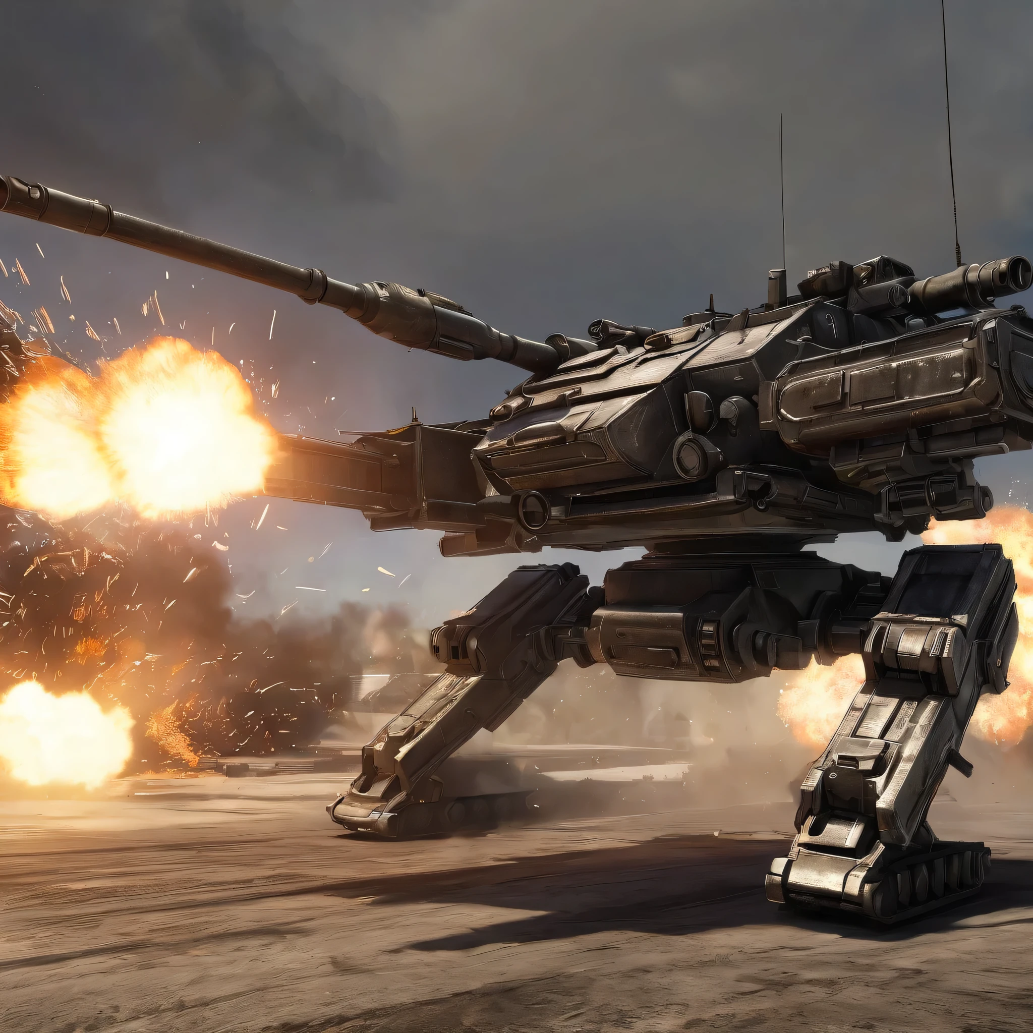 tank, warfield, fire, explosion, shooting, canon, smoke, game cg, armoredcore style,