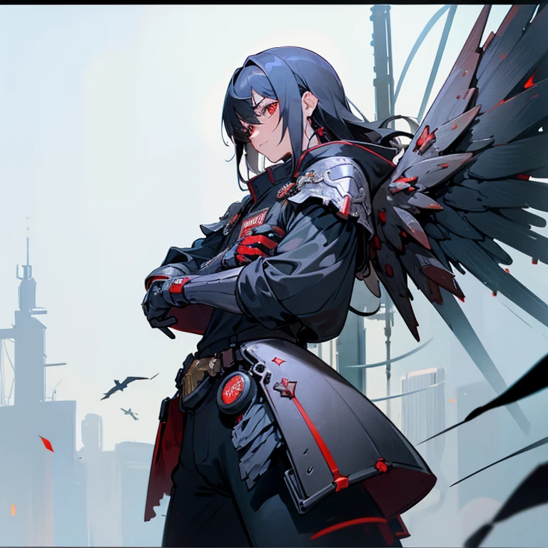 Male, black armor, mecha, wings, cowboy shot,  red eyes, black hair, masterpiece