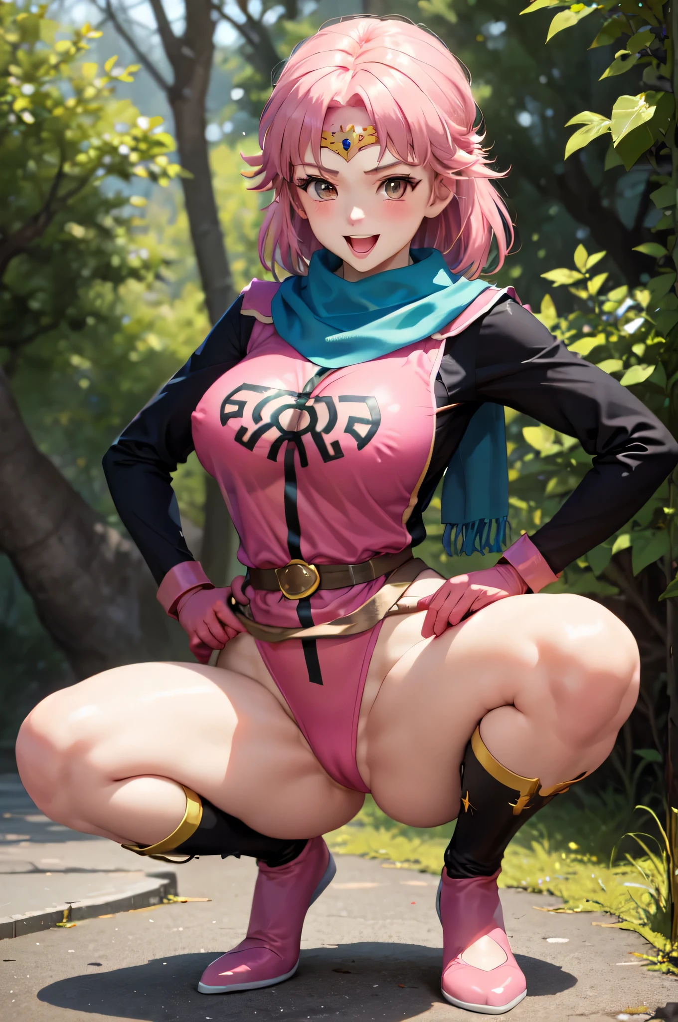 masterpiece, best quality, priMaam, medium hair, blue scarf, circlet, Body-fitting leotard, pink tabard, black sleeves, belt, gloves, looking at viewer, :D, furrowed brow, forest, large breasts, looking at viewer, smile, hand on hip, village, forest、Squat down with one knee raised、See-through costume、blush、Hot Breath、Naughty smile、Bow-legged、Put your hands behind your head、Dark brown skin