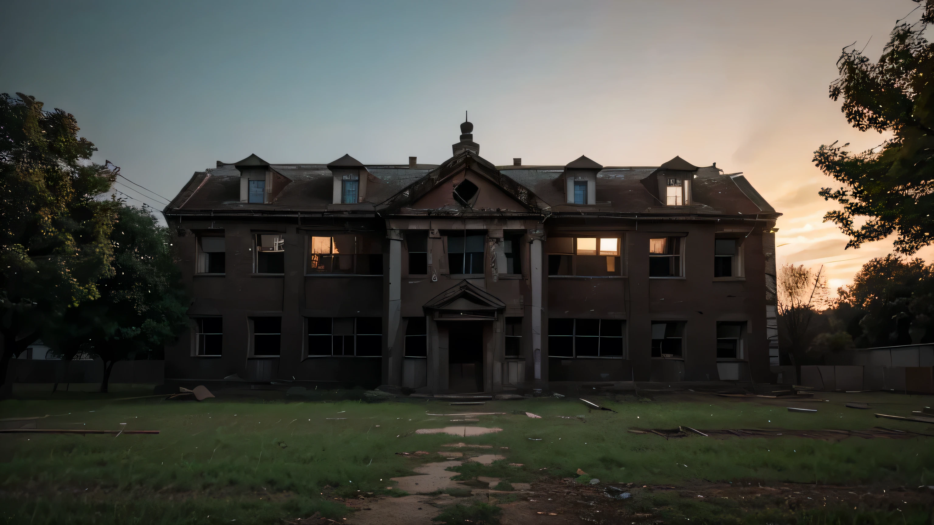 an old abandoned school surrounded by trees ultra realistic horror at night 4k