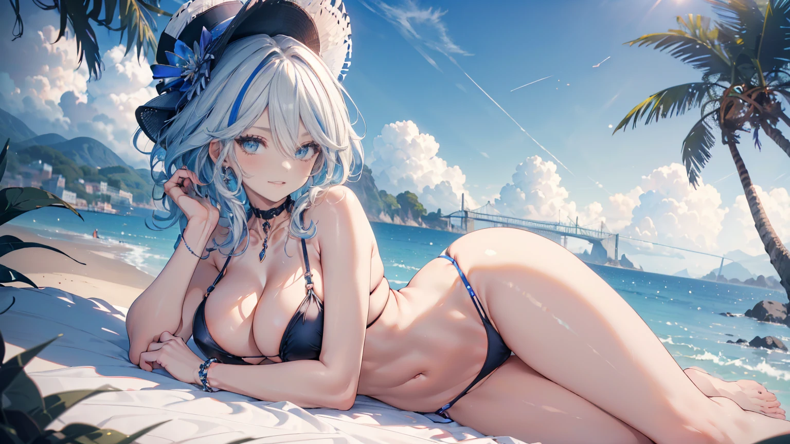 ((masterpiece, high resolution, better quality, better details)), (anime), a woman lying on a bed on the beach, ((toothy smile)), ((royal blue micro bikini with black details)), ((thong bikini)), cleavage, black neck choker, large straw hat, white hair with blue highlights, shiny skin, ((slender body)), front view, beach landscape, wide hips, slim waist, big breasts,