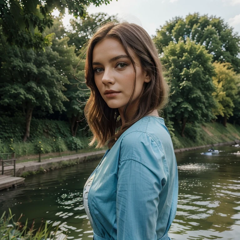 Young pretty woman. 25 Jahre alt. Schlank gebaut. Leichtes Makeup. Sommerliche Kleidung. Bloden wellige schulterlange Haare. Blaue Augen. In the background a river and some trees and plants. Sonnenlicht. natural and realistic.