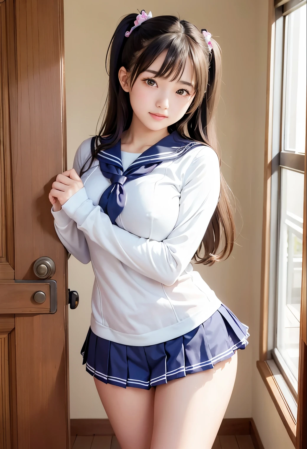 (highest quality,masterpiece:1.3,Ultra-high resolution),(Very detailed、Caustics) (Realistic:1.4, RAW shooting、)Ultra-Realistic Capture、Very detailed、Natural skin texture、masterpiece、(Japanese girls wearing high school sailor uniforms:1.3)、Adorable expression、Expressions of happiness、、Height: 148cm、Young Face、Amazingly cute、Twin tail hairstyle、Straight hair、Scrunchie、Black Hair、light makeup、Slightly large breasts、Bare arms、Shining thighs、Shining ass、Filmed in a junior high school classroom、Background in detail、(Hold your legs with your hands and open them) 、Satin fabric panties are visible、smile、An inviting gaze、Anatomically correct、Cowboy Shot、Attention to detail、Pose that emphasizes the legs、
