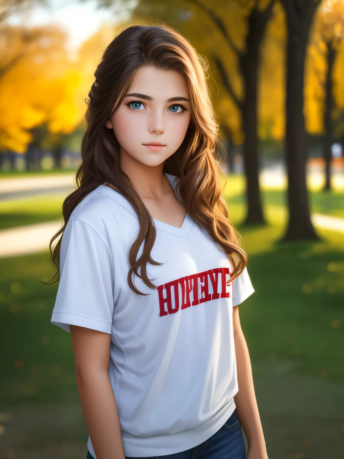 Full shot, of teenage girl 15-years old, accurate face, light complexion, , soft lighting, standing in a park, outdoor, dramatic, 35mm, medium format, Hasselbald, 16k UHD,HDR, lifelike 