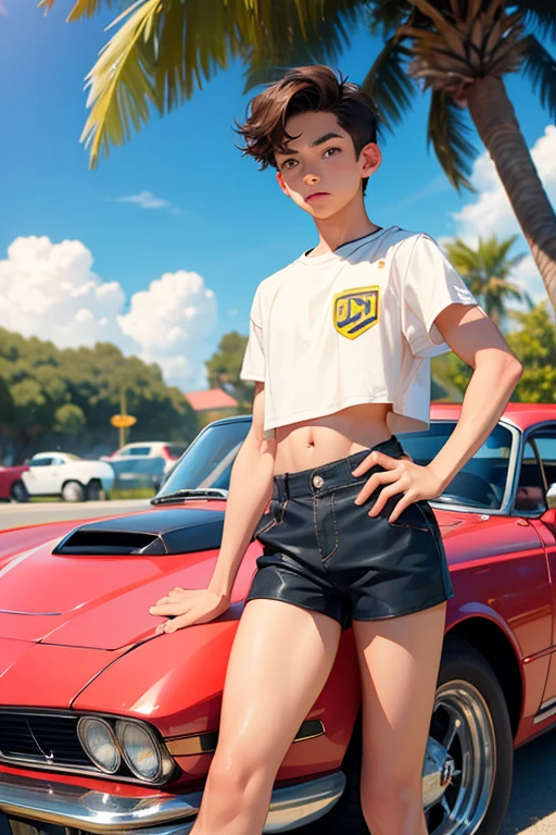Teen boy 14 years old, boy wears a crop top and too much short shorts, hot summer, vintage sport cars