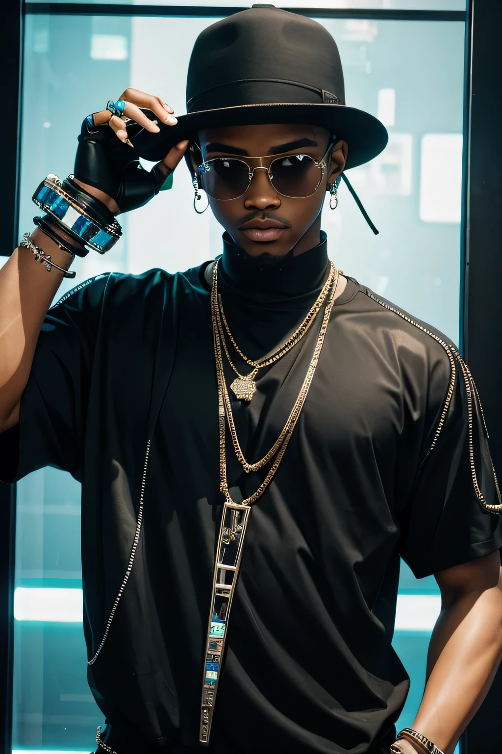 A hip-hop style man wearing transparent glass cybernetic jewelry