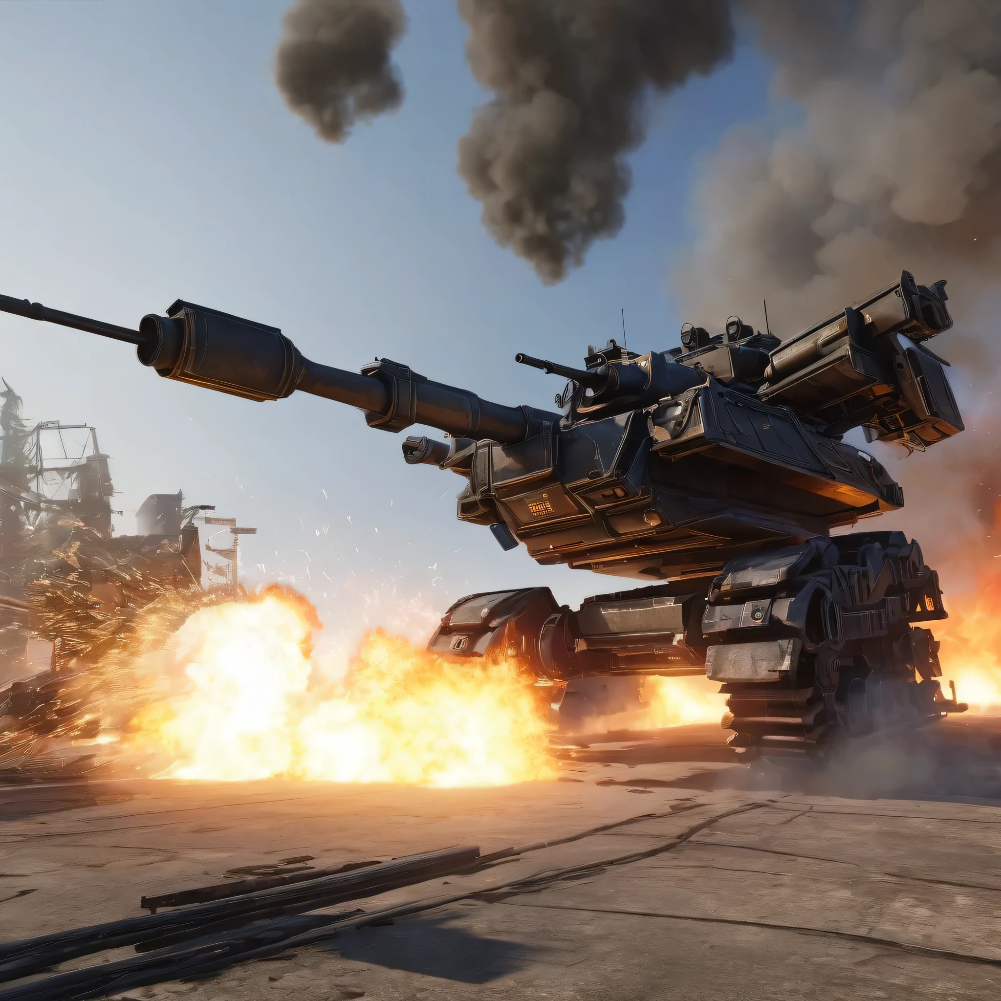 large tank, warfield, fire, explosion, shooting, canon, smoke, game cg, armoredcore style,