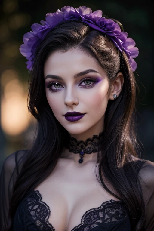 Jeune femme de 25 ans, visage fin, cheveux long, yeux marrons, HD, 8K, masterpiece, sourire romantique, sexy, mascara noir, maquillage noir, black lips, tenue gothique, vêtements noirs et violets, toile d'araignée en dentelle, cheveux noirs et violets, in a cemetery, bodypainting, purple paint, dracula, moon light