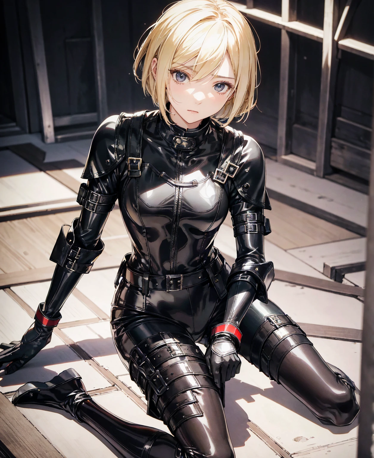 Best Quality,T Masterpiece,Ultimate resolution,18Old Japanese female fighter,Slender、Very slim、Small face、cute、(Kneeling pose),Black Super Short Hair,Shiny patent leather tight black combat uniform,Tight Suit,gloves、Steel City Background,night