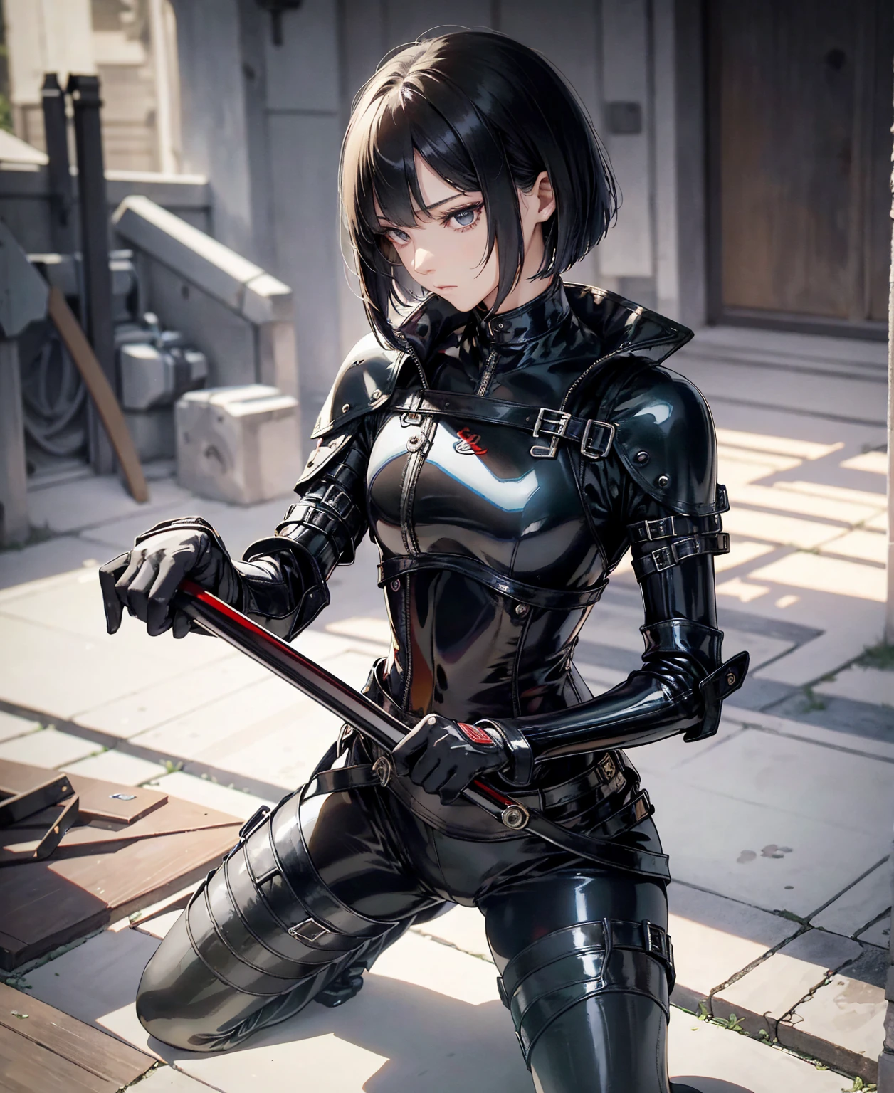 Best Quality,T Masterpiece,Ultimate resolution,18Old Japanese female fighter,Slender、Very slim、Small face、cute、(Kneeling pose),Black Super Short Hair,Shiny patent leather tight black combat uniform,Tight Suit,gloves、Steel City Background,night