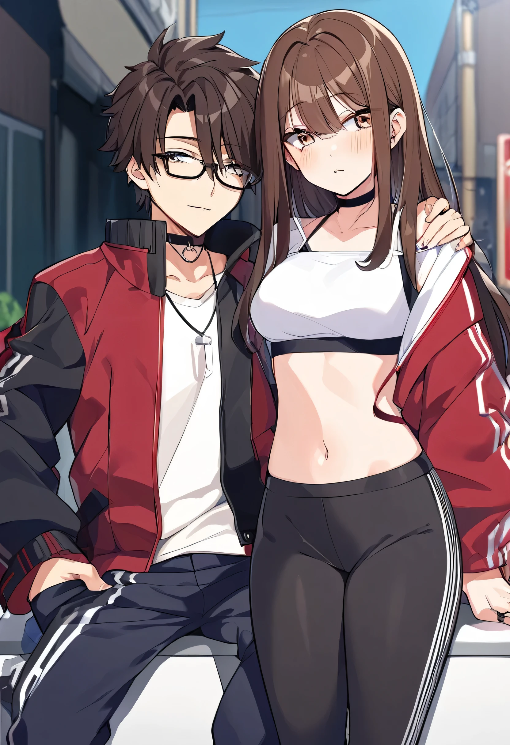 anime, two people, one 18 year old female with long brown hair wearing a choker and a crop top and leggings and no glasses, the other person is an 19 year old male with short dark brown hair and black rimmed glasses and an jacket, they are boyfriend and girlfriend