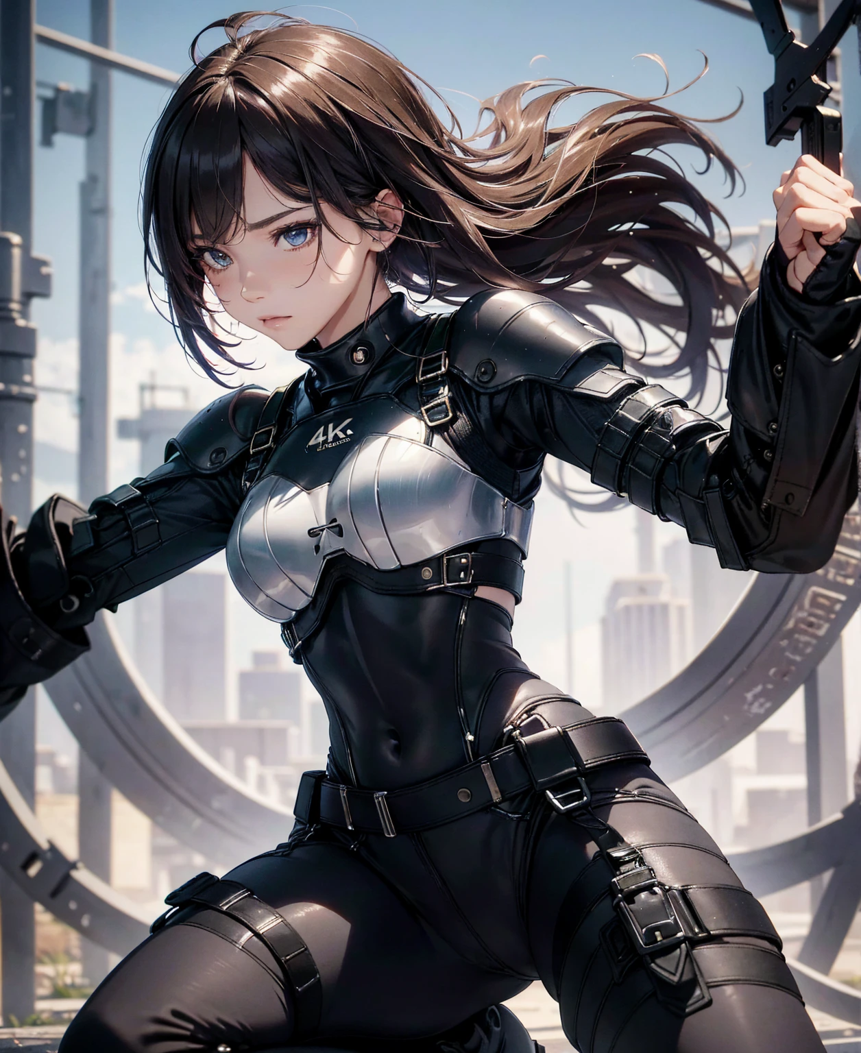 (best quality,4k,8k,highres,masterpiece:1.2),ultra-detailed,(realistic,photorealistic,photo-realistic:1.37), Japanese female fighter with slim physique and small face, cute, 1 girl, 18 years old, kneeling pose, black super short hair, glossy black tight combat suit with enamel finish, tight suit, gloves, steel city background, night lighting