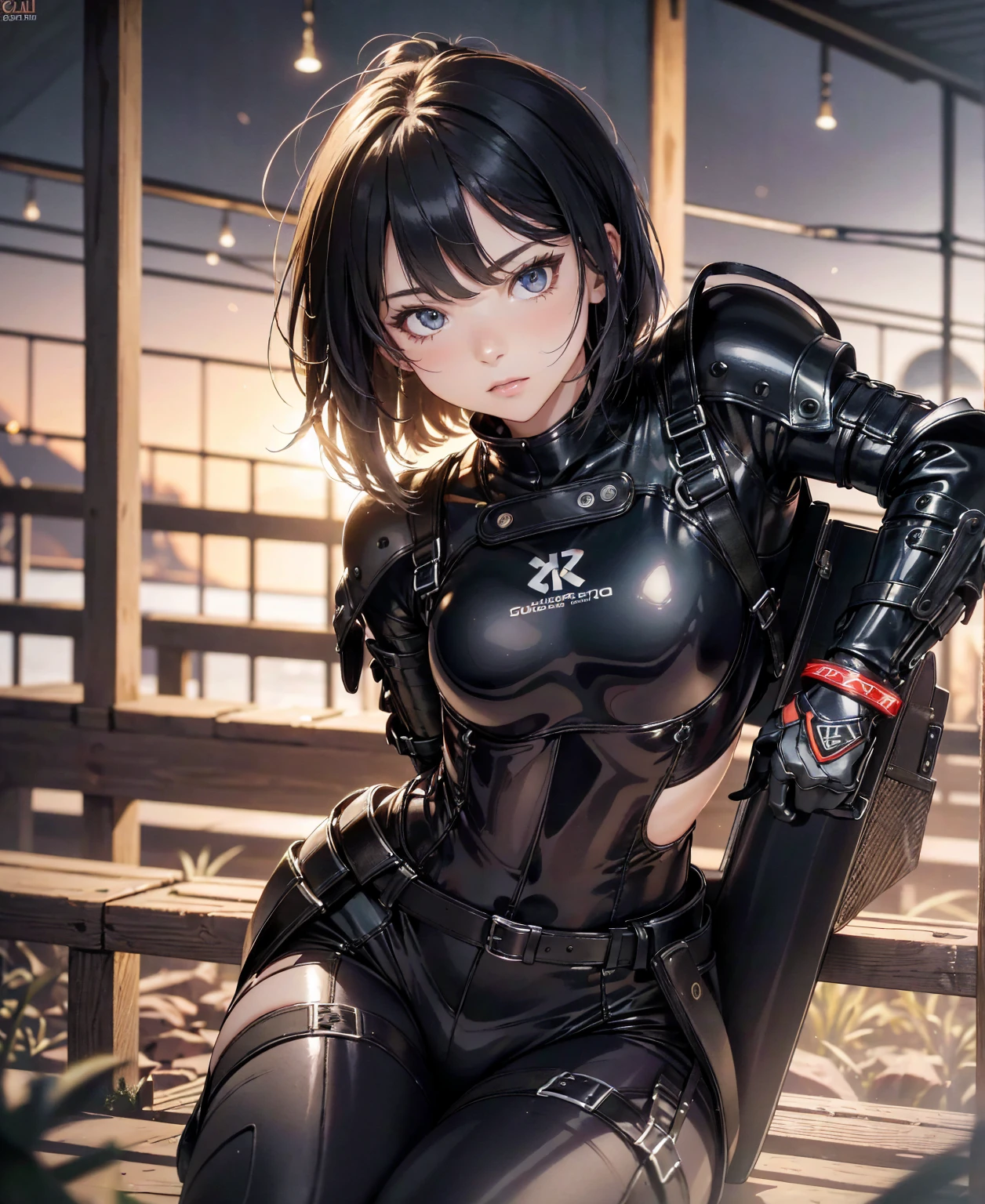 (best quality,4k,8k,highres,masterpiece:1.2),ultra-detailed,(realistic,photorealistic,photo-realistic:1.37), Japanese female fighter with slim physique and small face, cute, 1 girl, 18 years old, kneeling pose, black super short hair, glossy black tight combat suit with enamel finish, tight suit, gloves, steel city background, night lighting