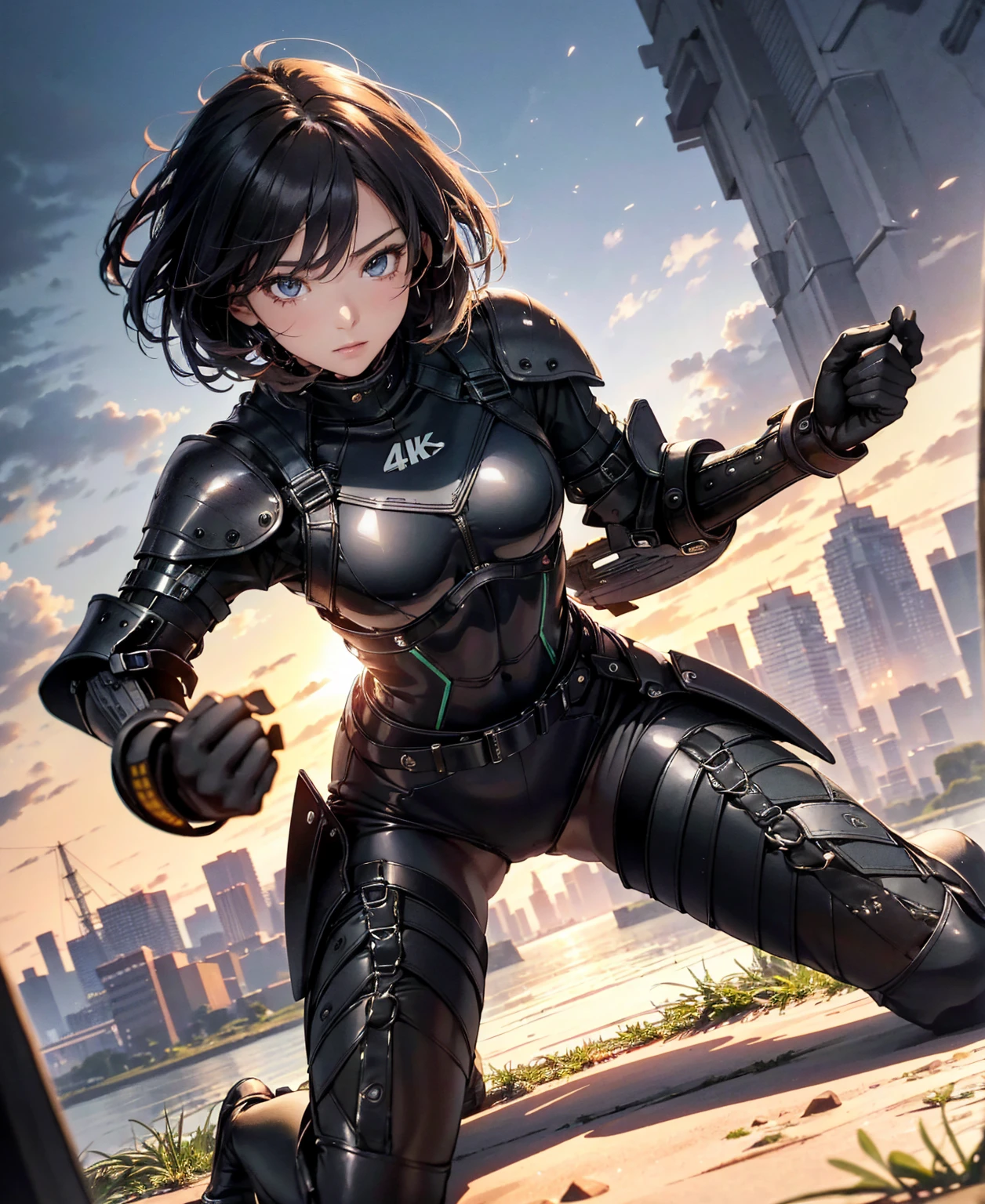 (best quality,4k,8k,highres,masterpiece:1.2),ultra-detailed,(realistic,photorealistic,photo-realistic:1.37), Japanese female fighter with slim physique and small face, cute, 1 girl, 18 years old, kneeling pose, black super short hair, glossy black tight combat suit with enamel finish, tight suit, gloves, steel city background, night lighting